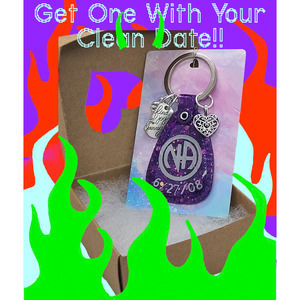 CUSTOM GLITTER purple GLOW  Narcotics Anonymous keytag! Add your clean date